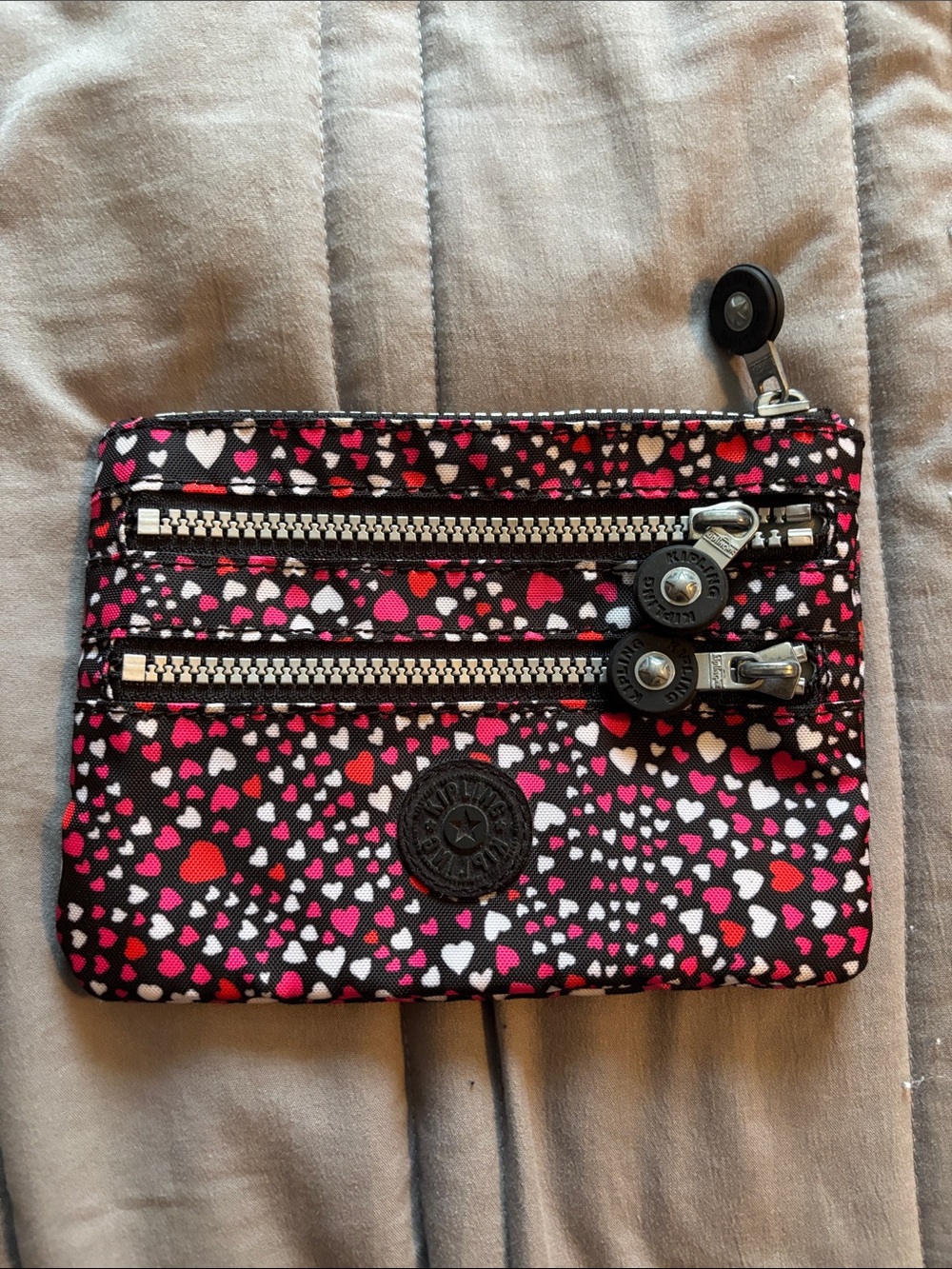 Kipling Heart Print Triple Zip Pouch in Black, Pink & Red